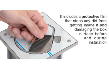 simon ip66 floor box includes a protective film, stopping dirt to get inside